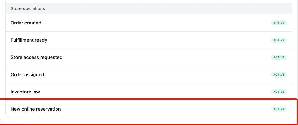 The Store operations workflows in Settings, with New online reservation marked Active