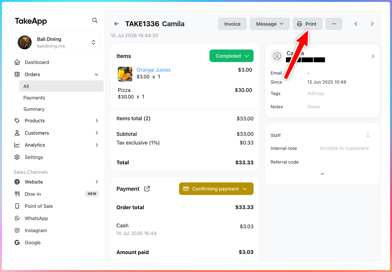 Print button on the order detail page