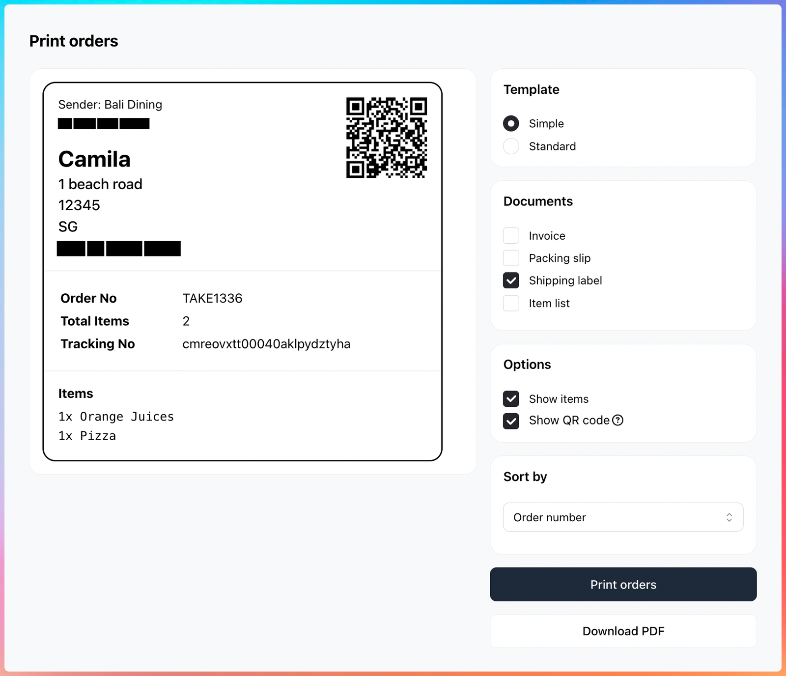 Shipping label print dialog with Show items and Show QR code options