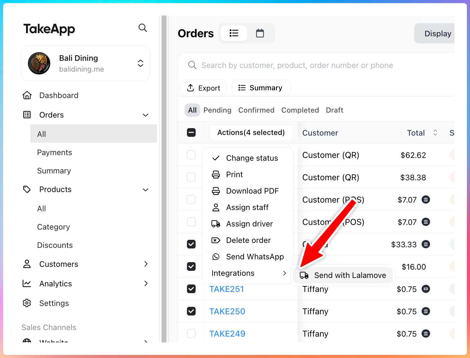 Send with Lalamove action in the Orders bulk actions menu