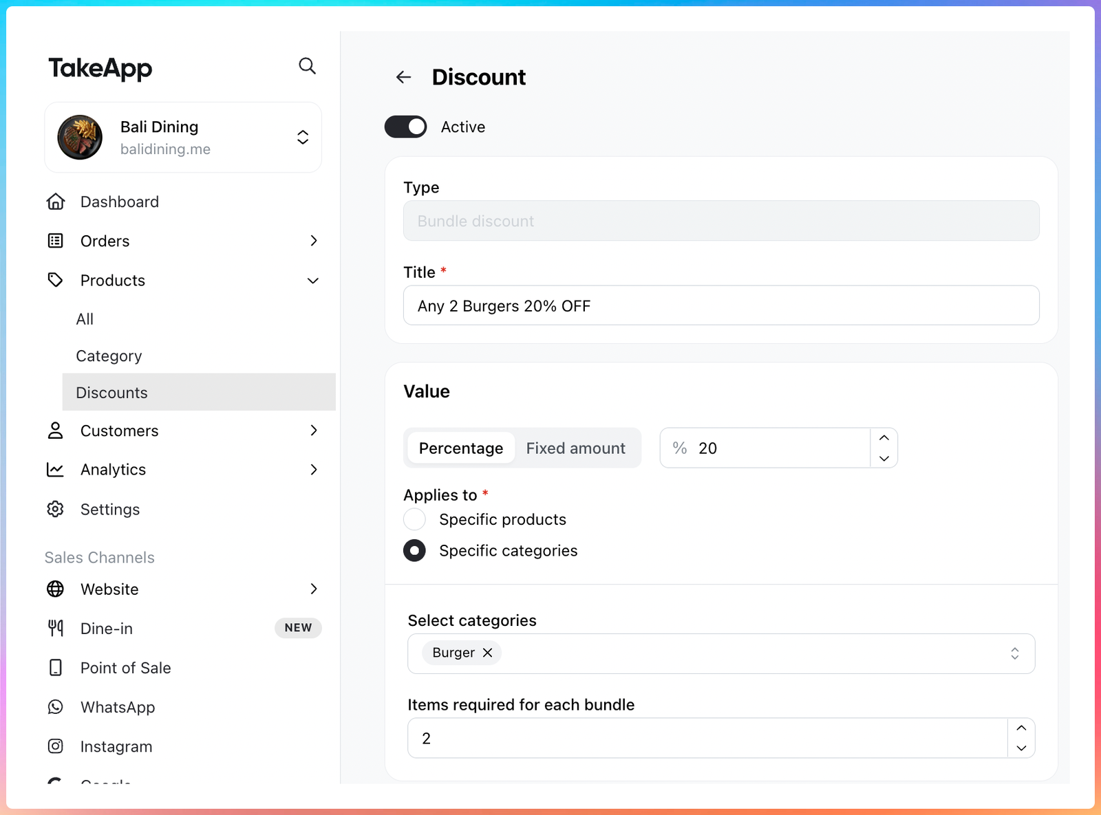 Bundle discount setup applying 20% off any 2 items from the Burger category