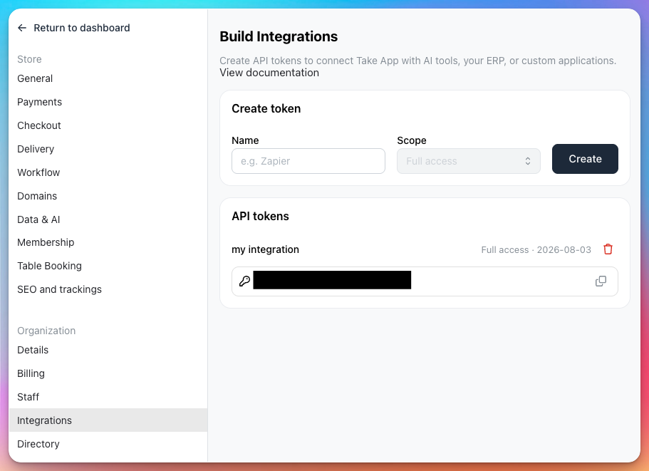 Creating a named API token and the list of existing tokens with a delete button