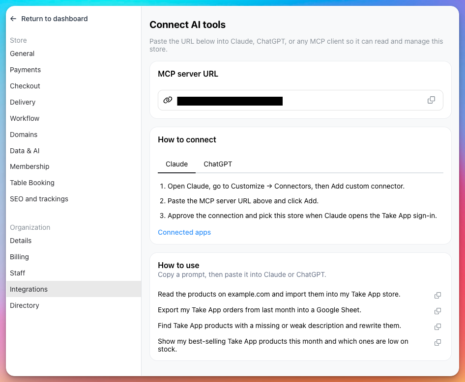 Connect AI tools page with the MCP server URL, connection steps for Claude and ChatGPT, and example prompts