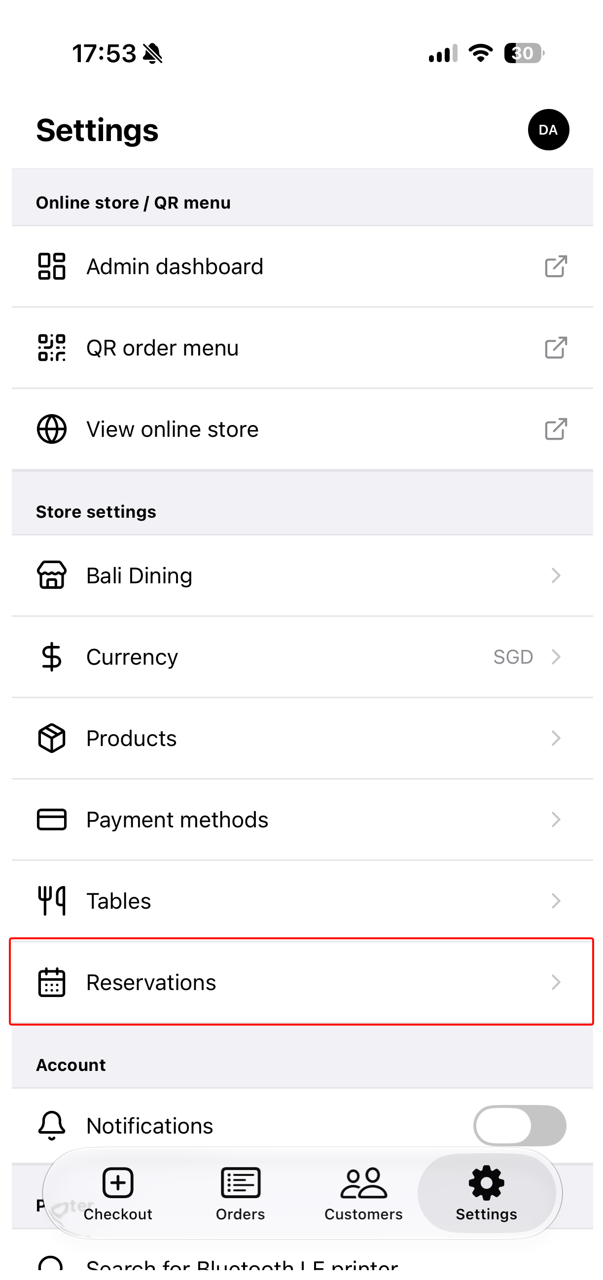 Reservations in the Take App mobile app settings