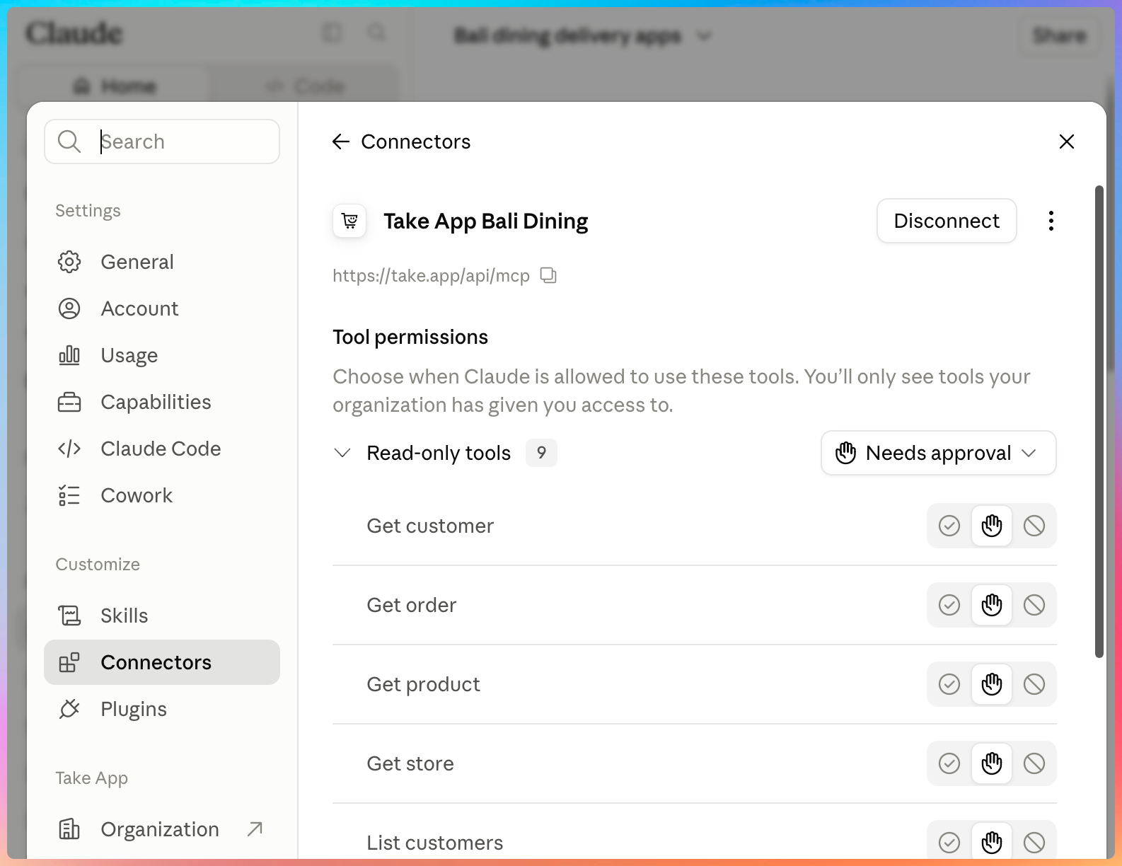 Take App store listed as a connector in Claude, with per-tool permissions and a Disconnect button