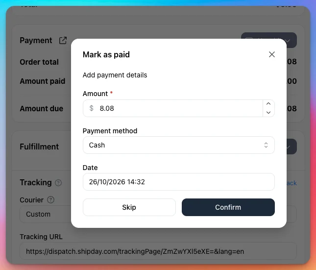 The Mark as paid window with Amount filled in, Payment method set to Cash, a Date, and Skip and Confirm buttons