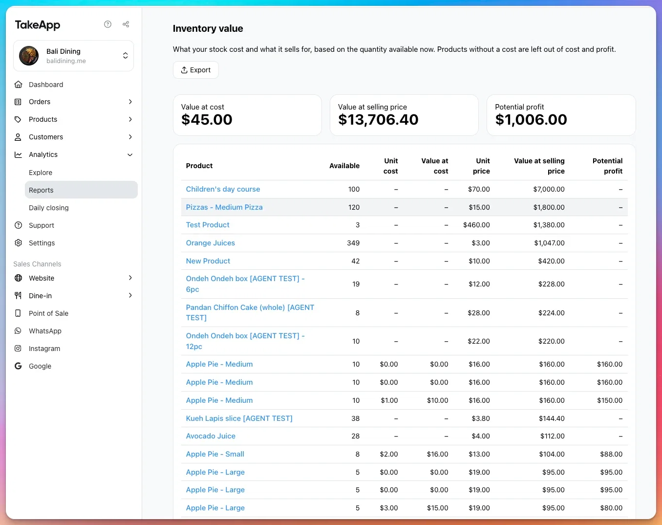 The Inventory value report with Value at cost, Value at selling price and Potential profit, above a table of products with available quantity, unit cost and unit price