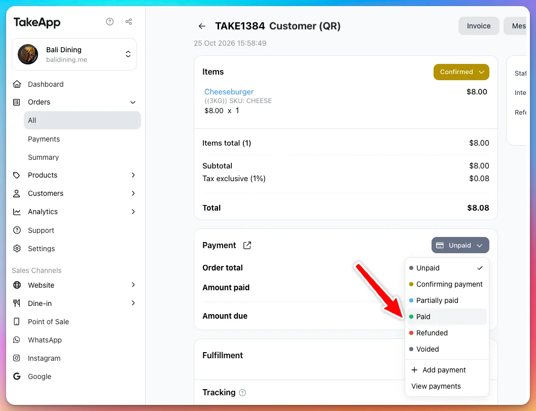 An order's Payment status menu open, with Paid highlighted