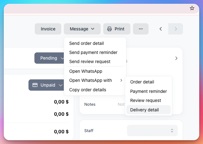 Order page Message menu with Open WhatsApp with expanded to Order detail, Payment reminder, Review request and Delivery detail