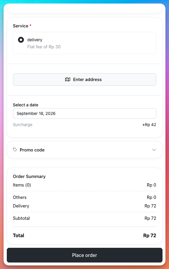 Checkout with a delivery date selected and a Surcharge line showing the extra amount added to the delivery fee