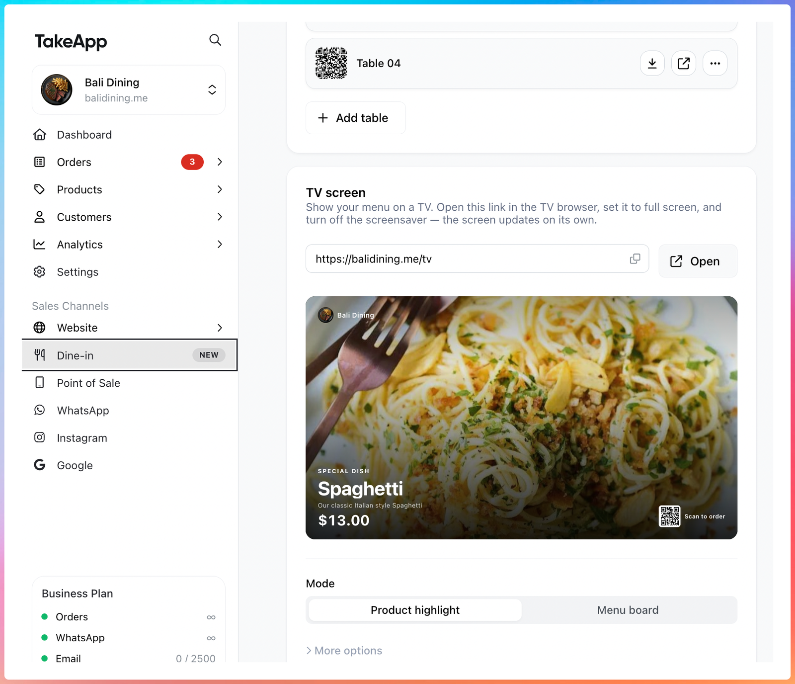 TV screen card on the Dine-in page with the link, a live preview and the Product highlight and Menu board modes