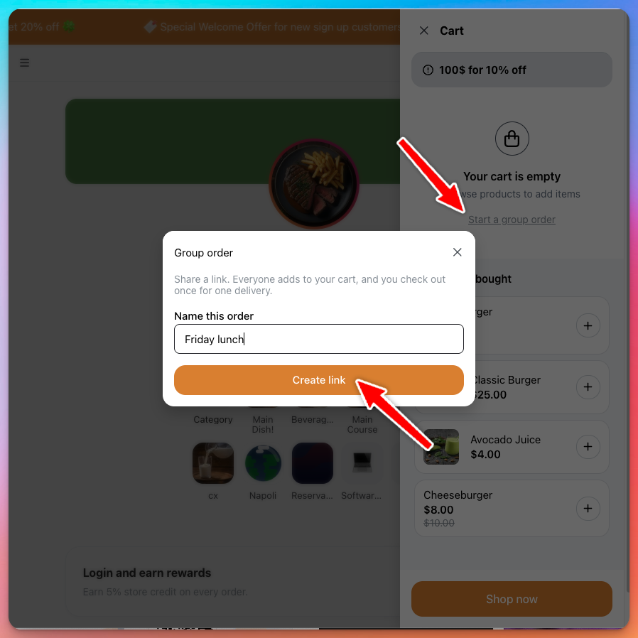 Storefront cart with a Start a group order link and the Group order dialog, naming the order Friday lunch before creating the link