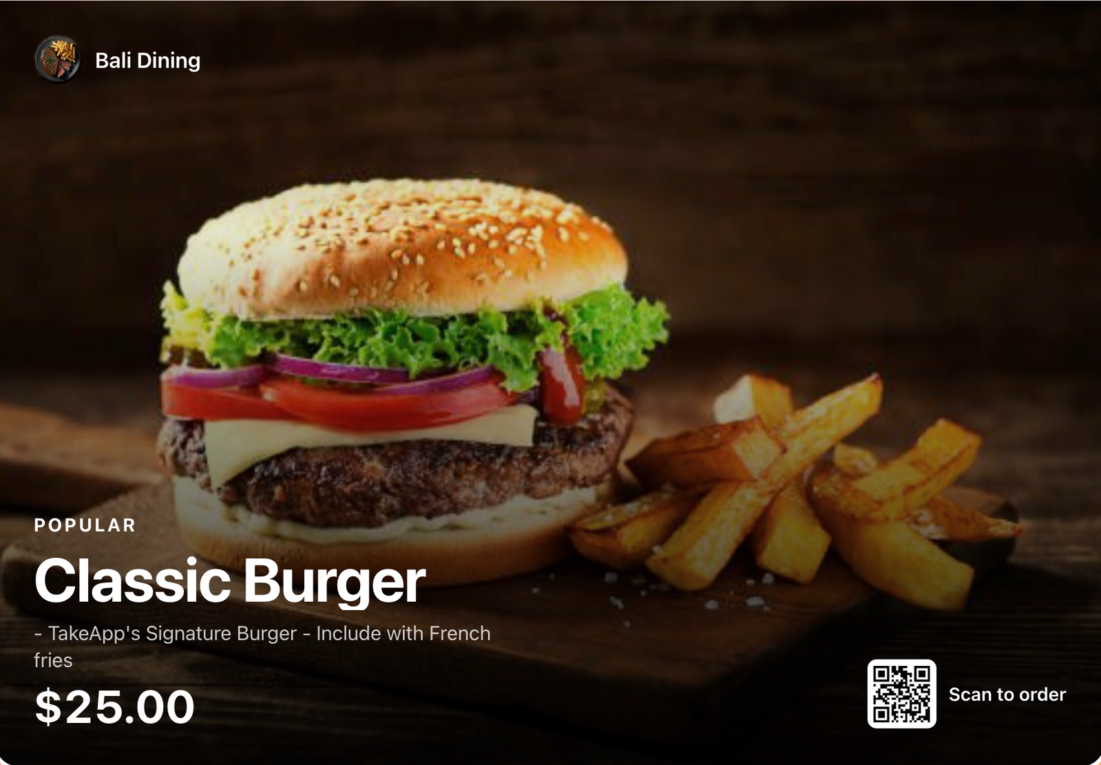 TV screen in product highlight mode showing a Classic Burger with its price and a Scan to order QR code