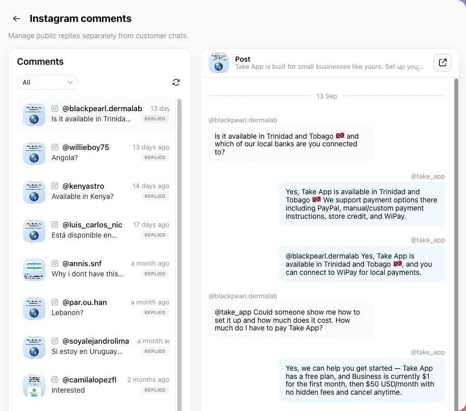 The Instagram comments page, with a list of comments marked Replied on the left and a post's comment thread with the business's replies on the right