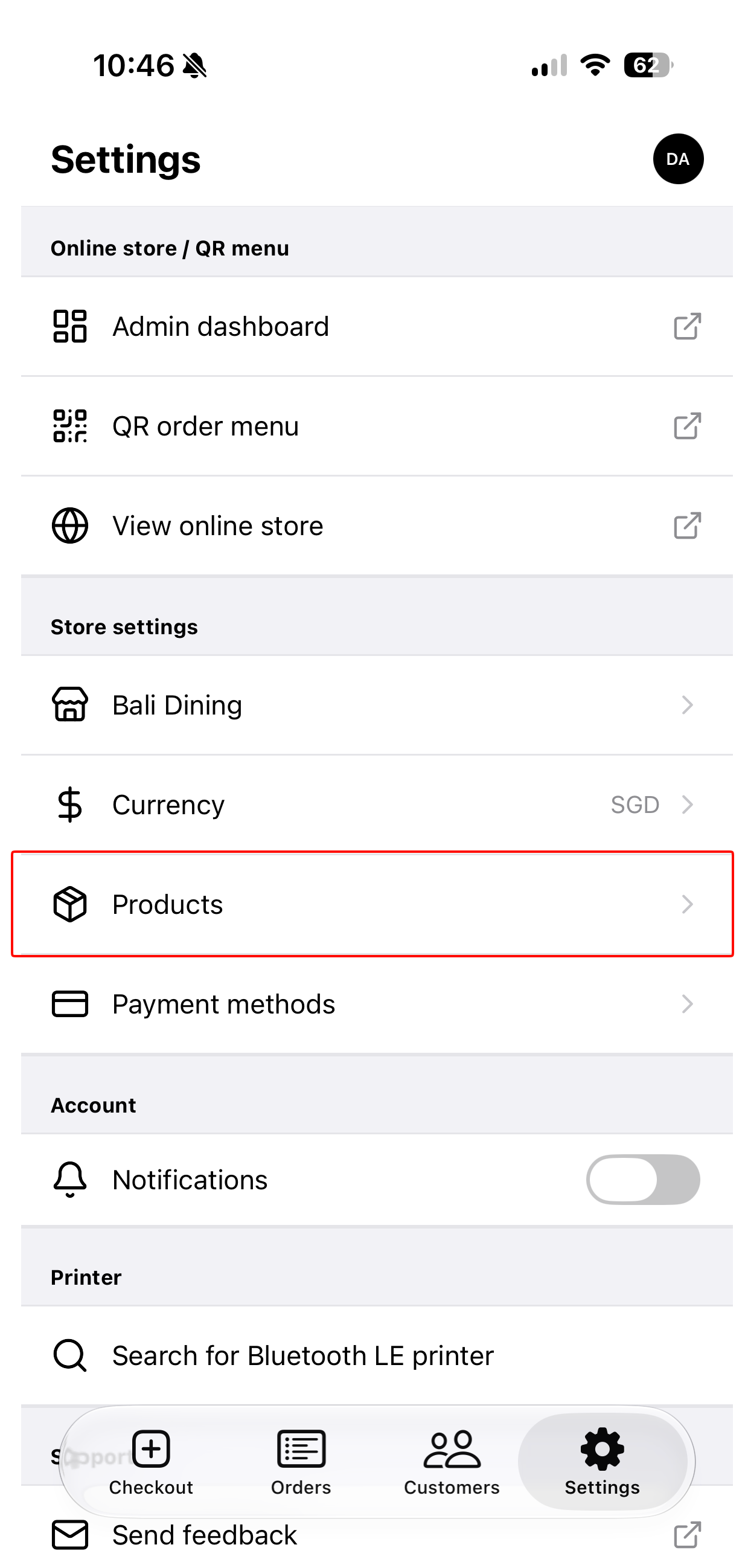 Products option in the Take App mobile app settings