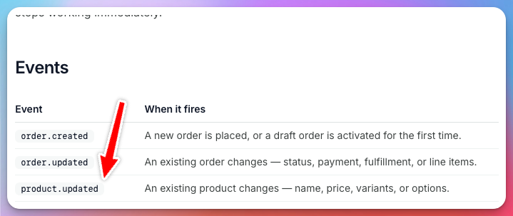 Product update event selected in webhook settings