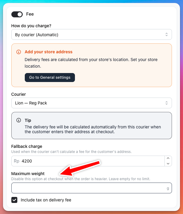 Maximum weight setting for a courier delivery method