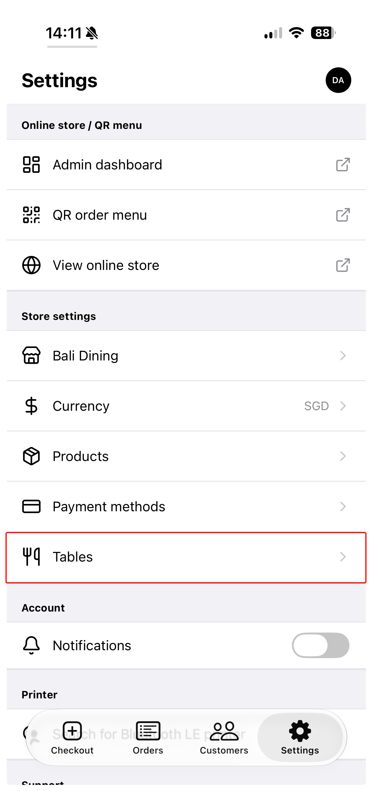 Tables screen in the Take App mobile app settings