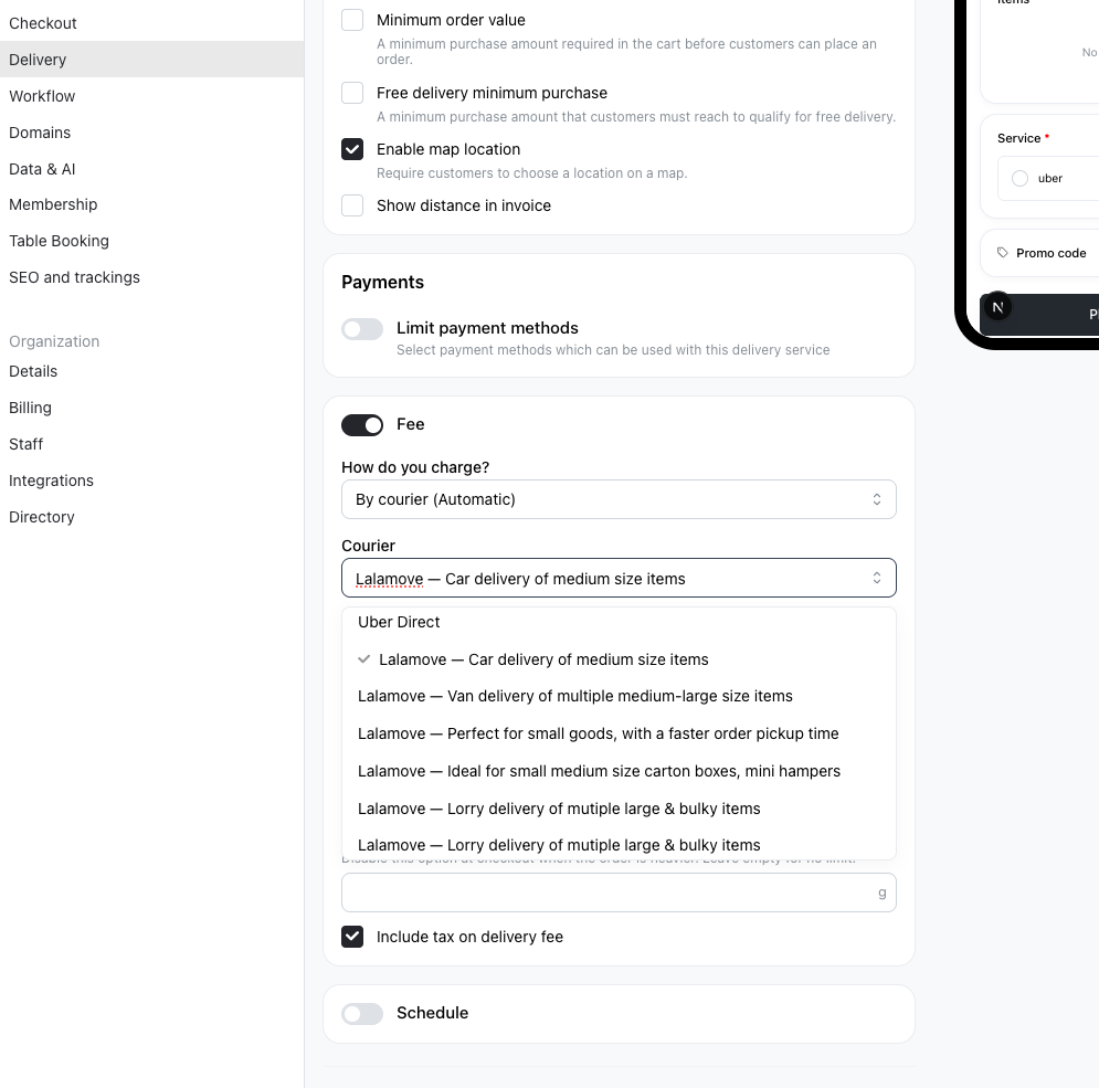 Delivery settings with the fee charged by courier and the courier list showing Uber Direct and Lalamove's vehicle classes