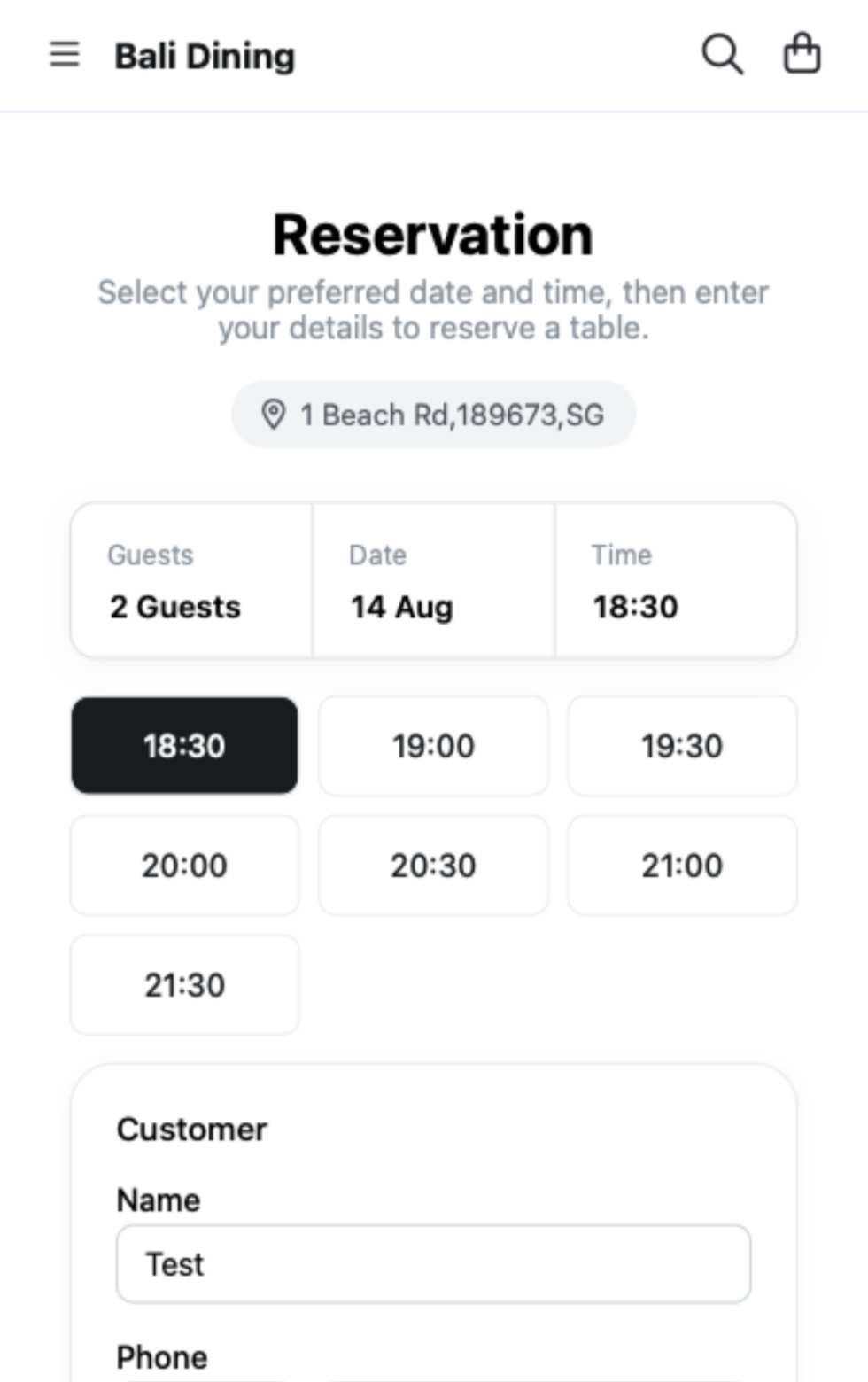 Storefront reservation page with guests, date and time, and the bookable times shown as chips