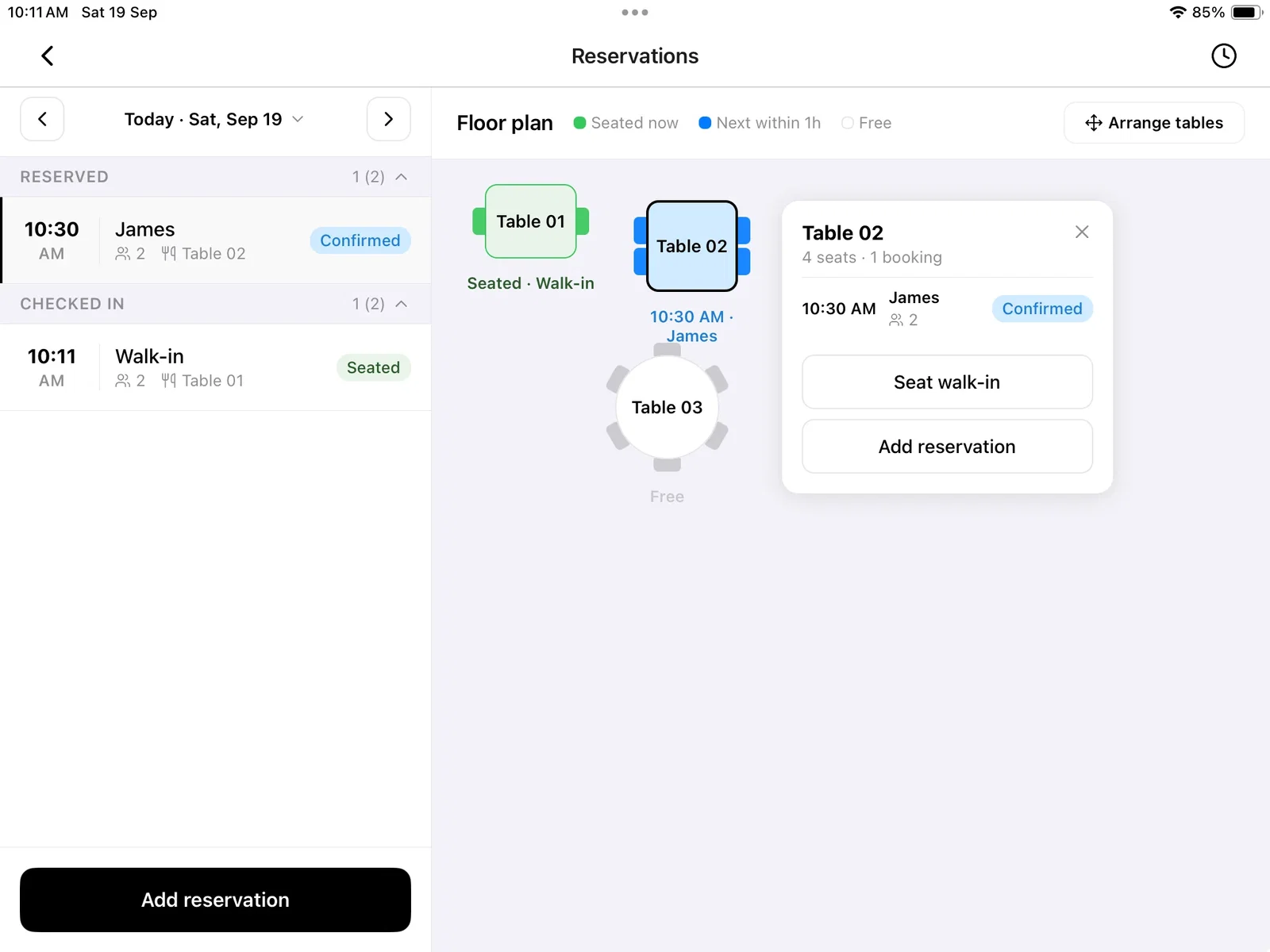 Reservations on a tablet with the day's bookings on the left and the floor plan on the right, the tapped booking's table highlighted and a card showing its seats, its booking, Seat walk-in and Add reservation