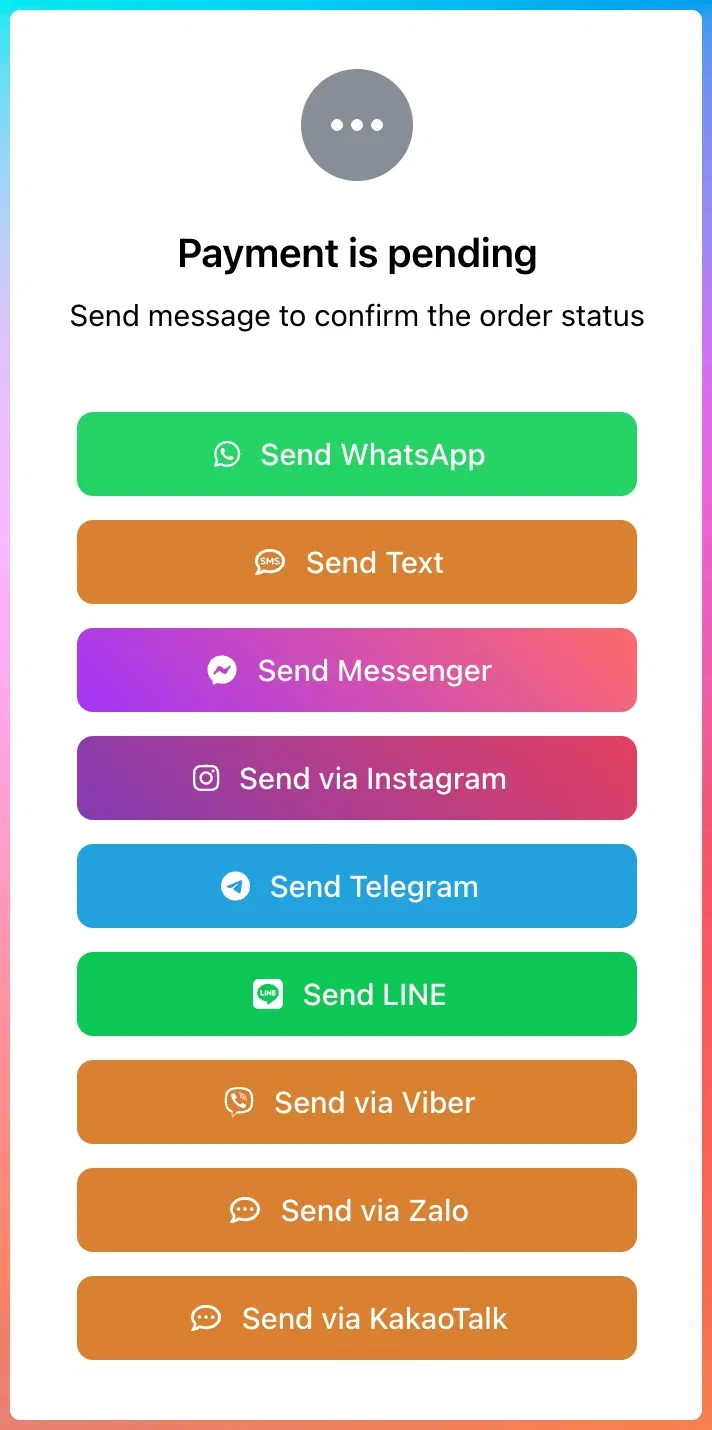 A storefront page after checkout with send buttons for WhatsApp, Text, Messenger, Instagram, Telegram, LINE, Viber, Zalo and KakaoTalk