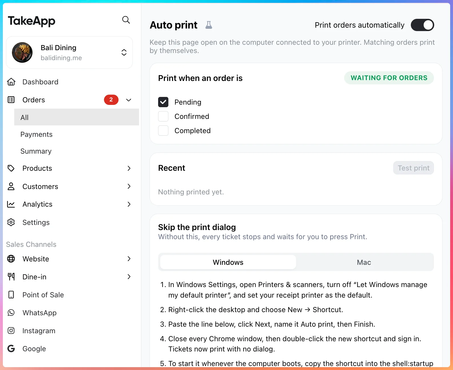 The Auto print page with a Print orders automatically switch, statuses to print on, a Recent list and setup steps for skipping the print dialog