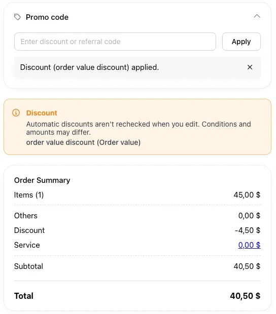 Warning above the order summary saying automatic discounts aren't rechecked when you edit, naming the order value discount