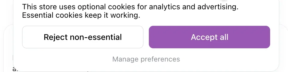 Cookie consent banner on a storefront with Reject non-essential, Accept all, and Manage preferences