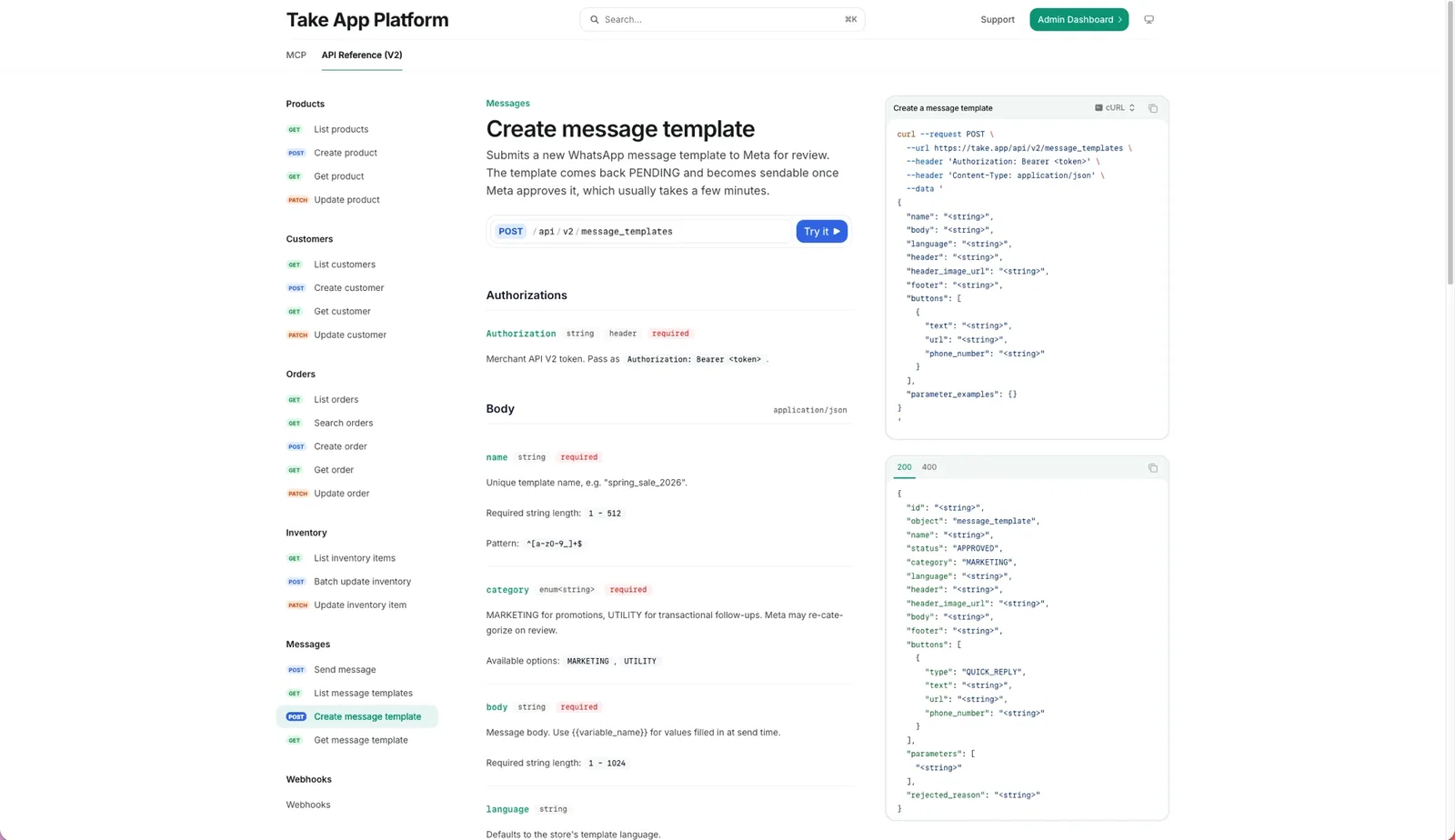 Take App Platform API reference for the create message template endpoint, with the request body and a cURL example