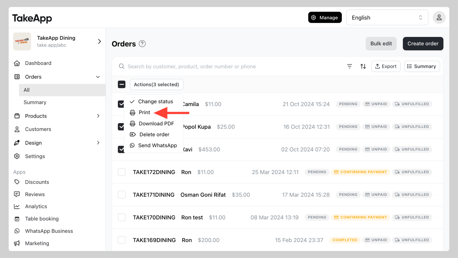Printing orders
