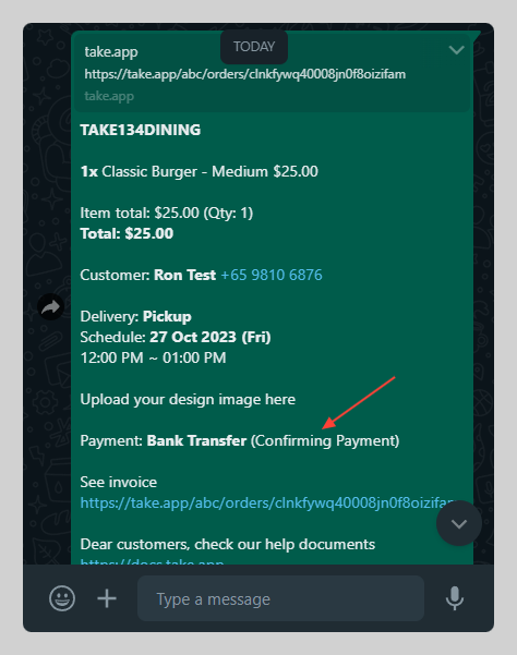 Confirming payment status on order message