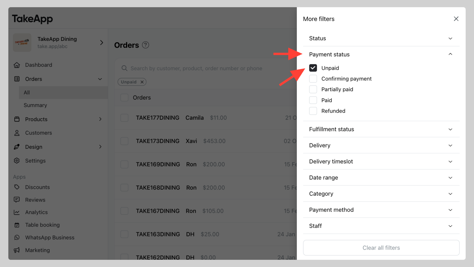 Filter unpaid invoices