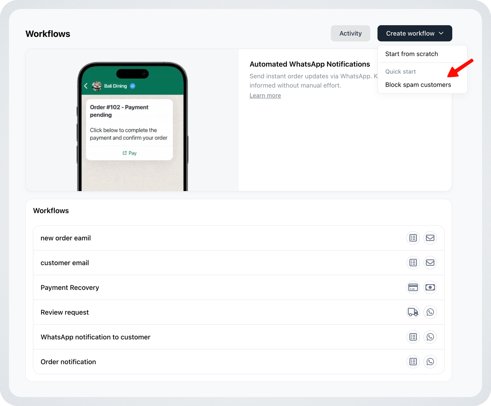 Block Spam Customer Workflow
