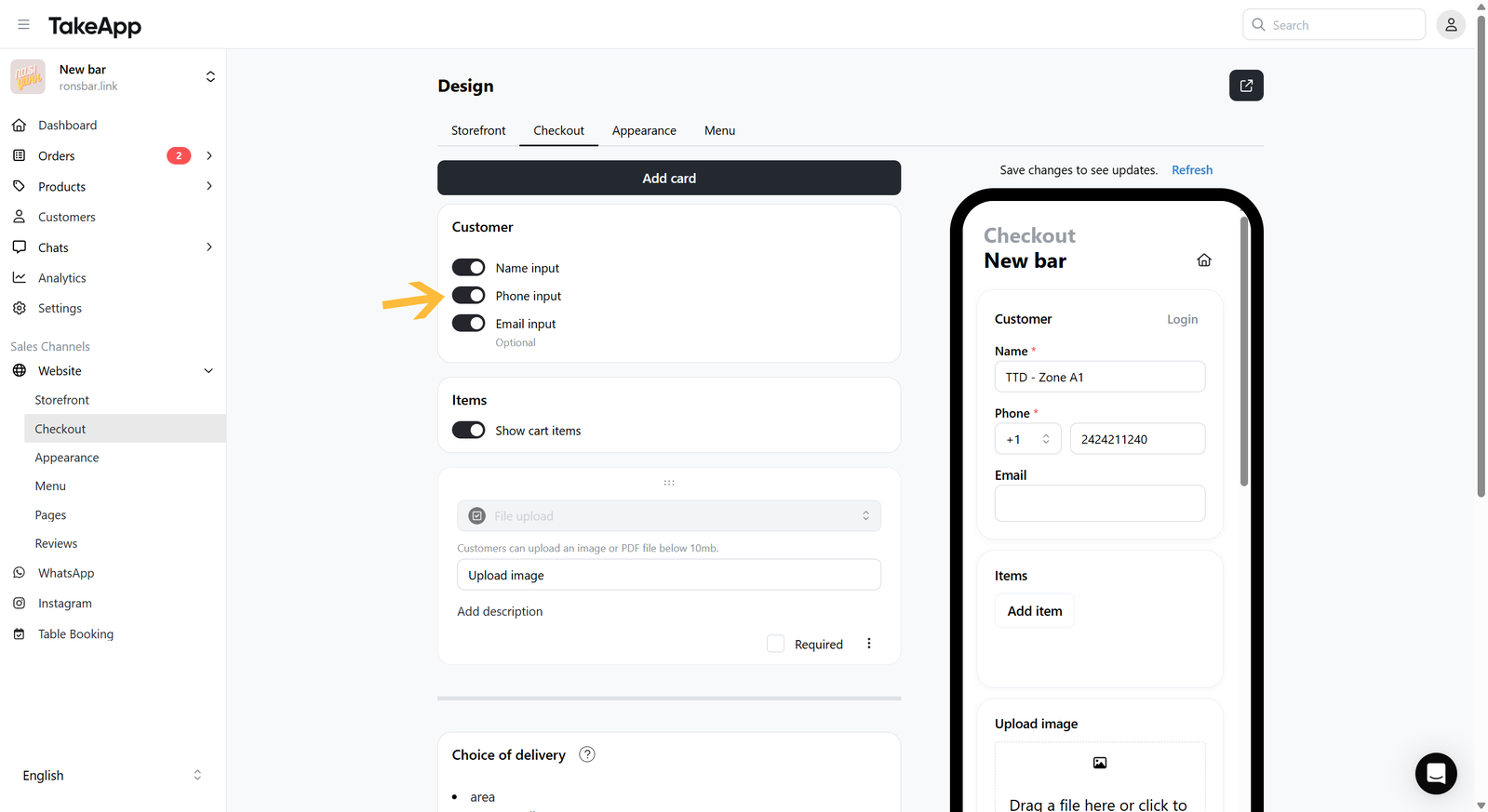 Activate or de-activate Name, Phone, and Email input on the Checkout page