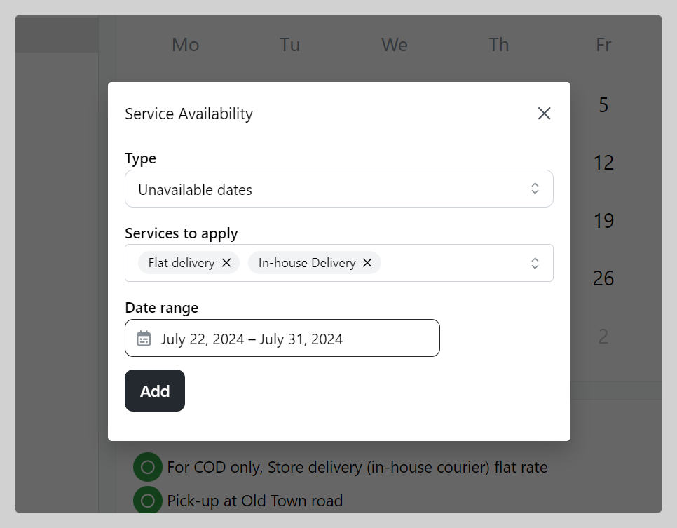 Manage Delivery or Pick-up availability