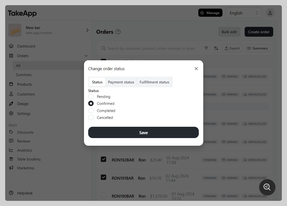 Modify order status
