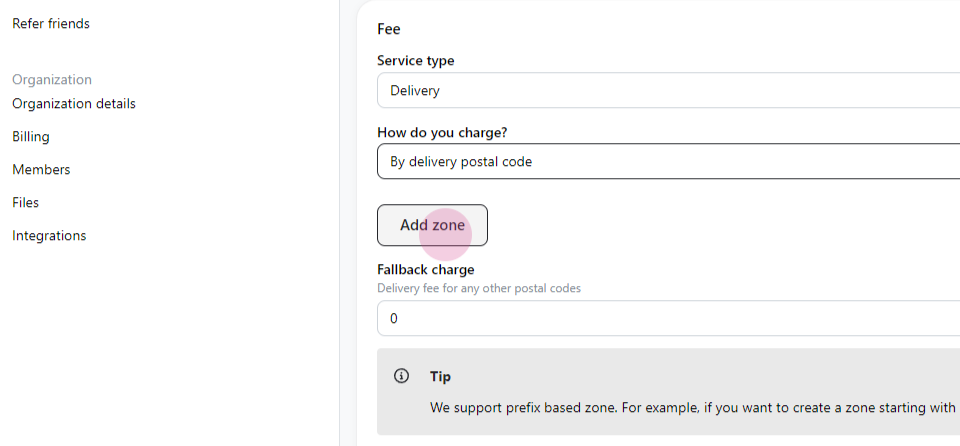 Postal code fee delivery