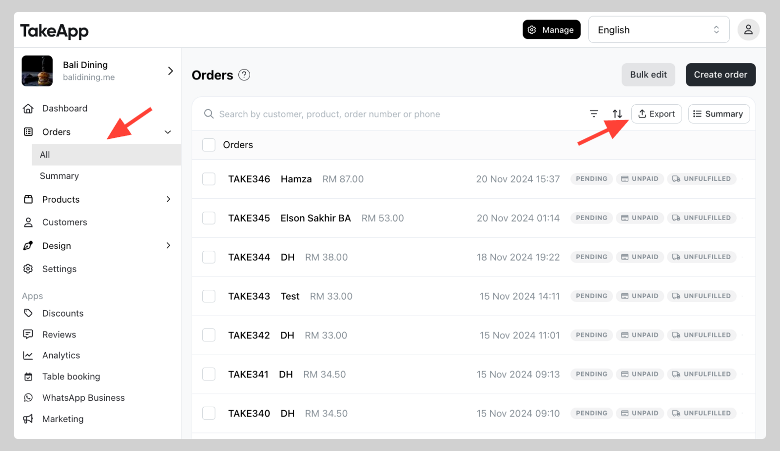 Export orders in CSV