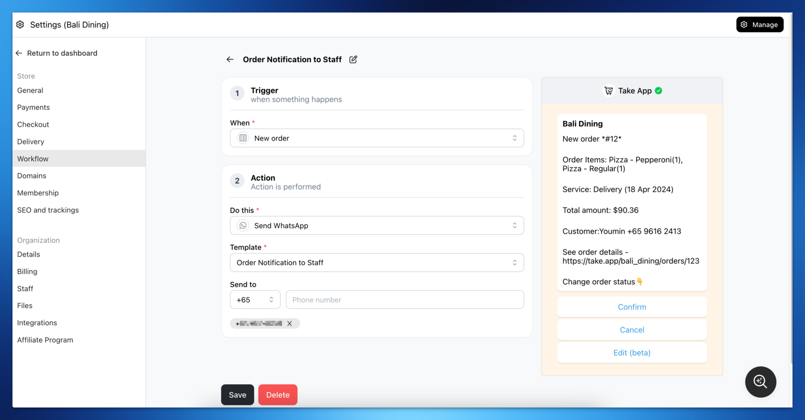 Order notification to staff workflow