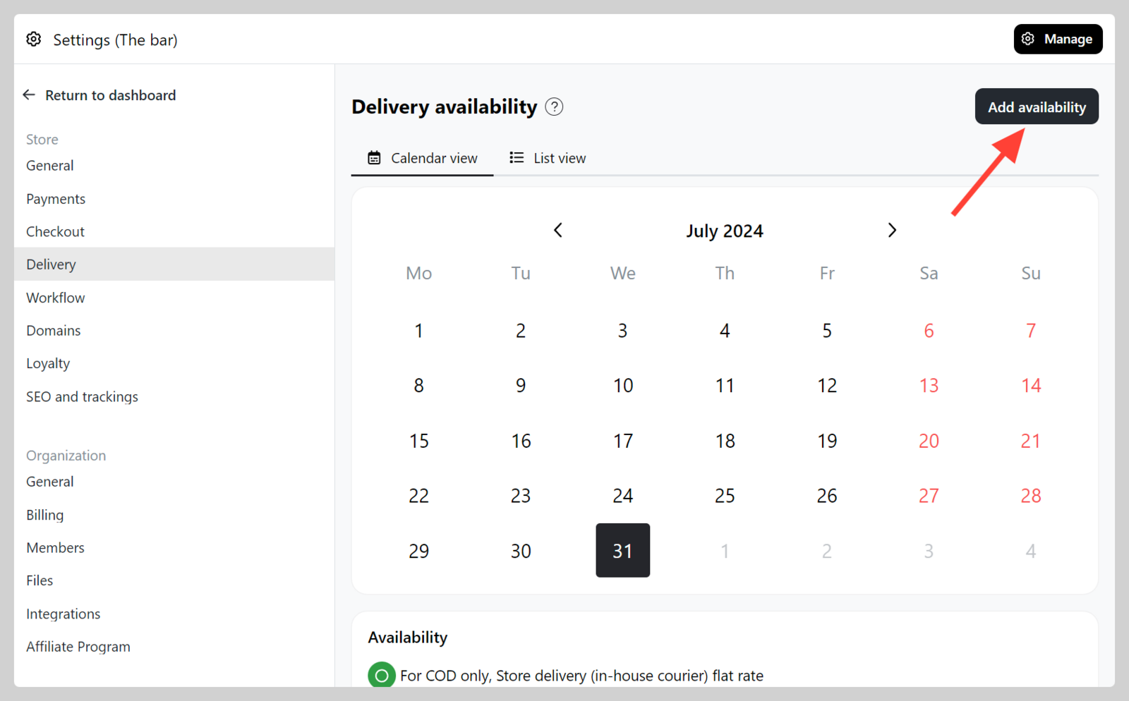 Manage Delivery or Pick-up availability