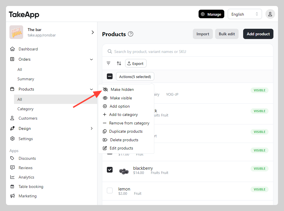 Hide products