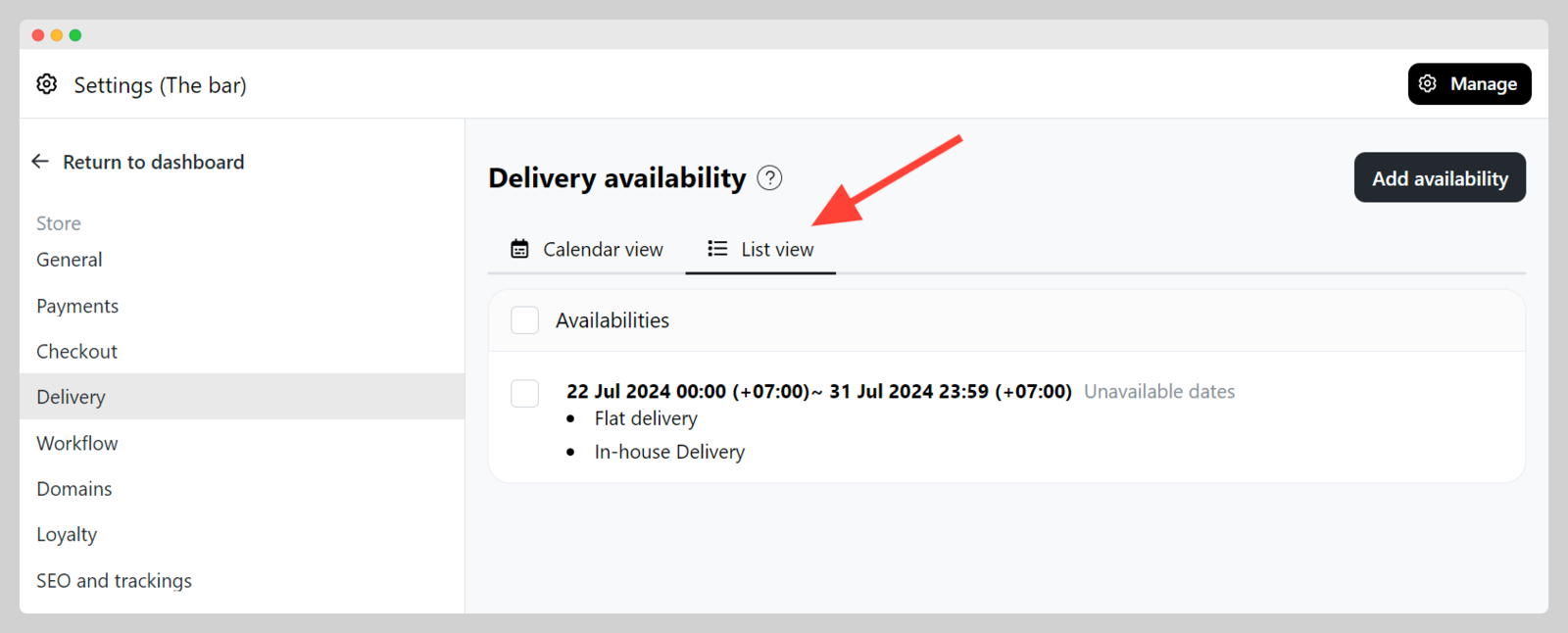 Manage Delivery or Pick-up availability