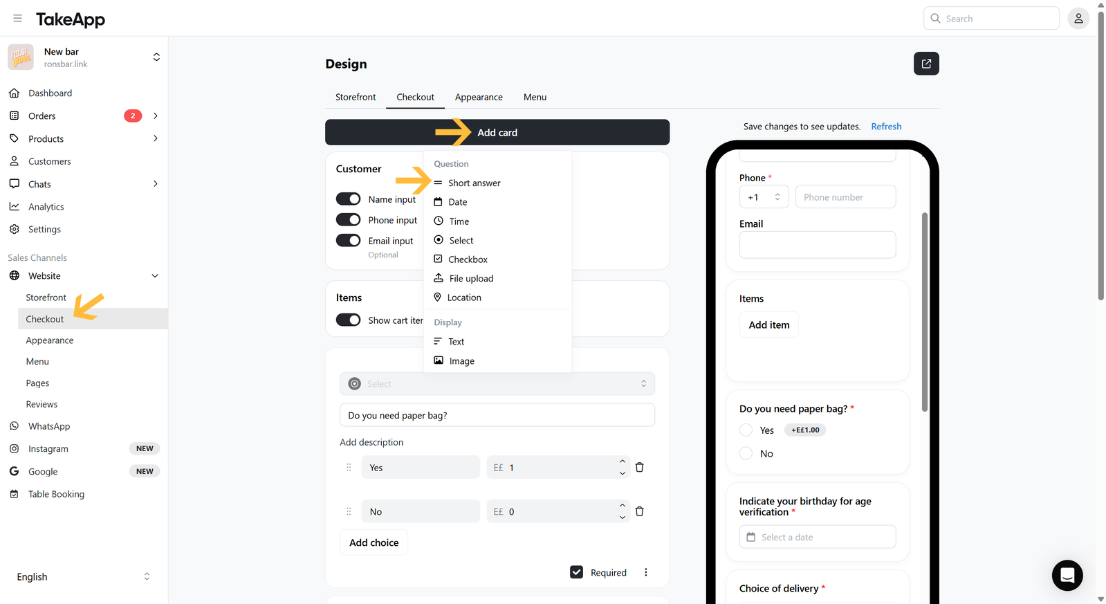Add a short form question to the Checkout page