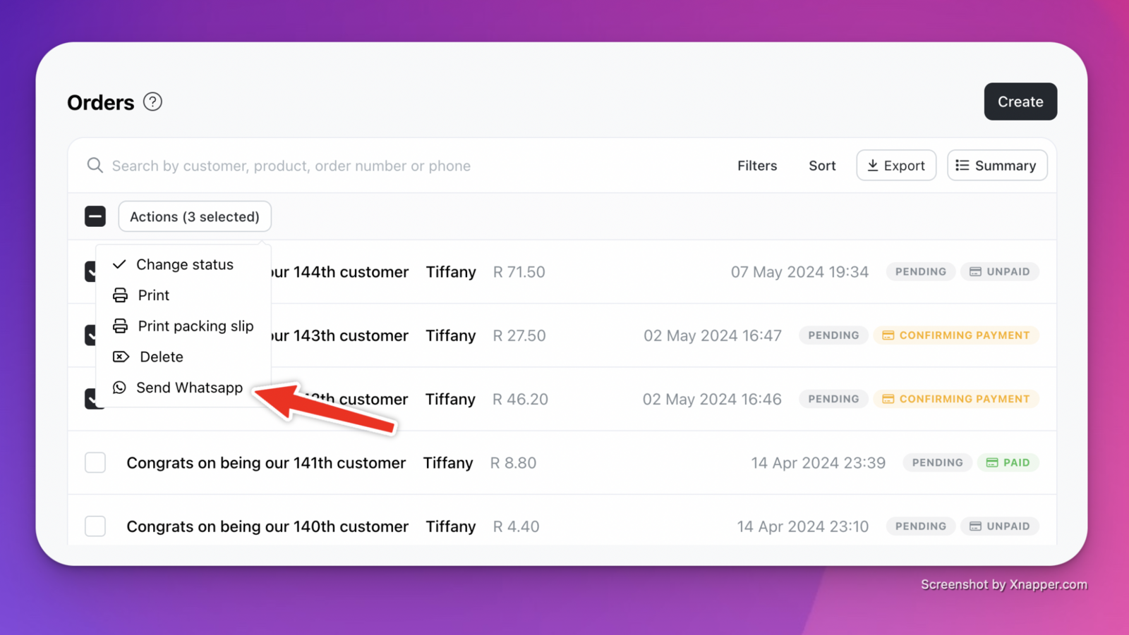Option to send order summary message