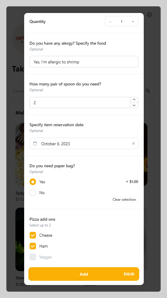 Option shown in the product page at the storefront