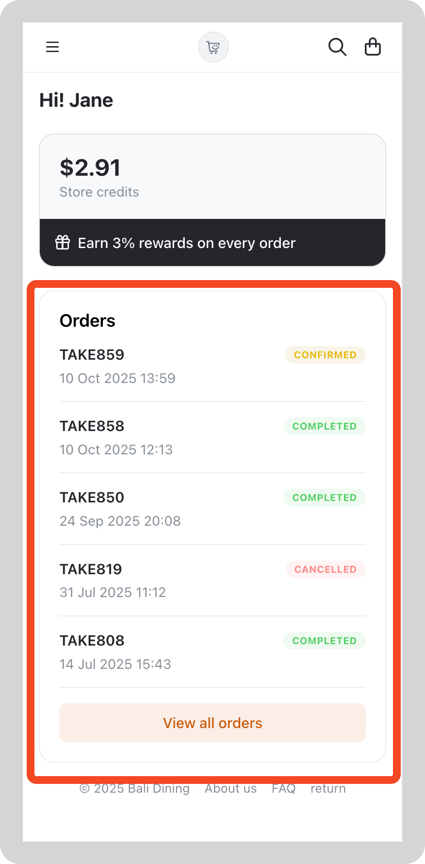 Customer Account Page