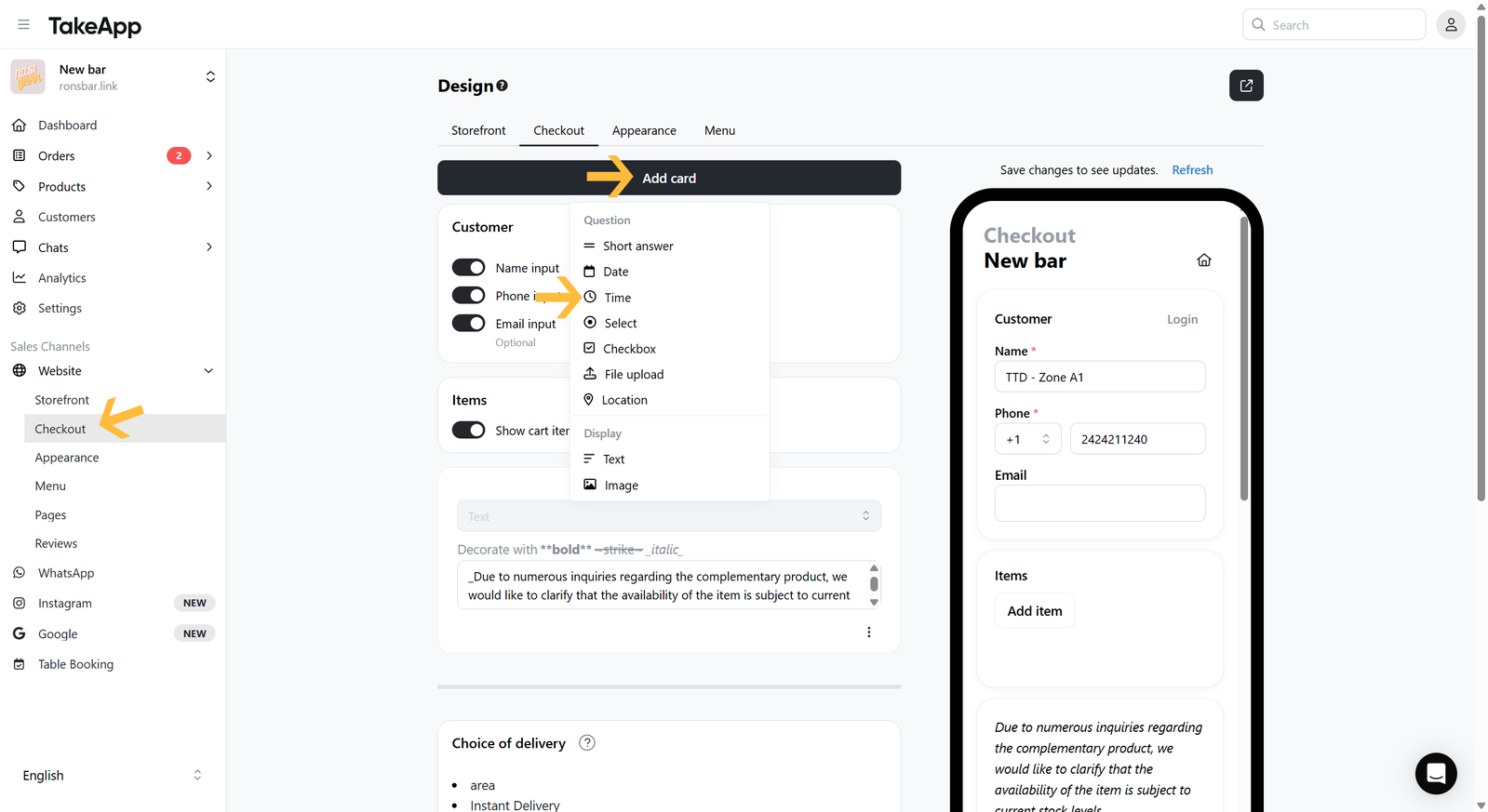 Add a time picker on the Checkout page