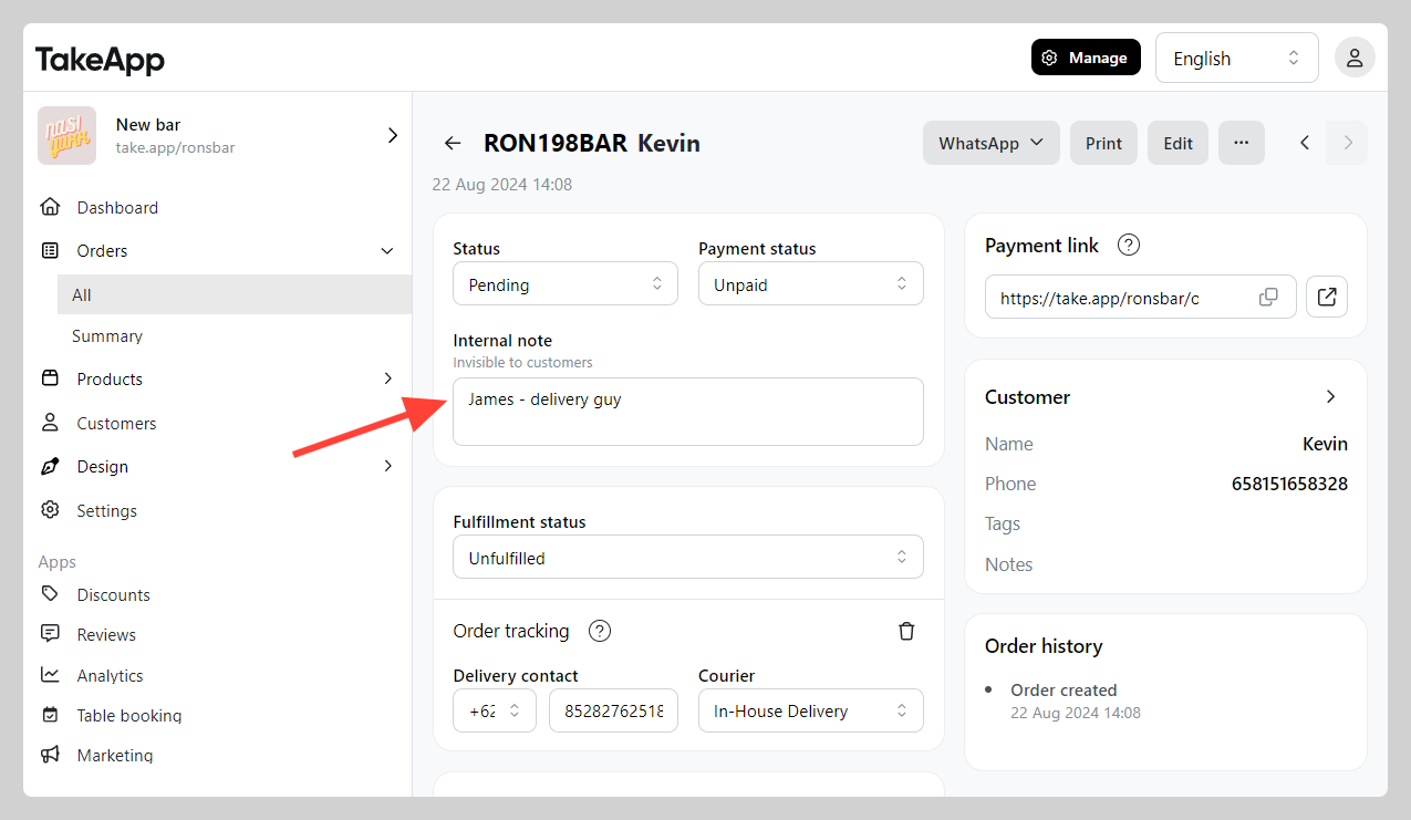 Order's Internal notes