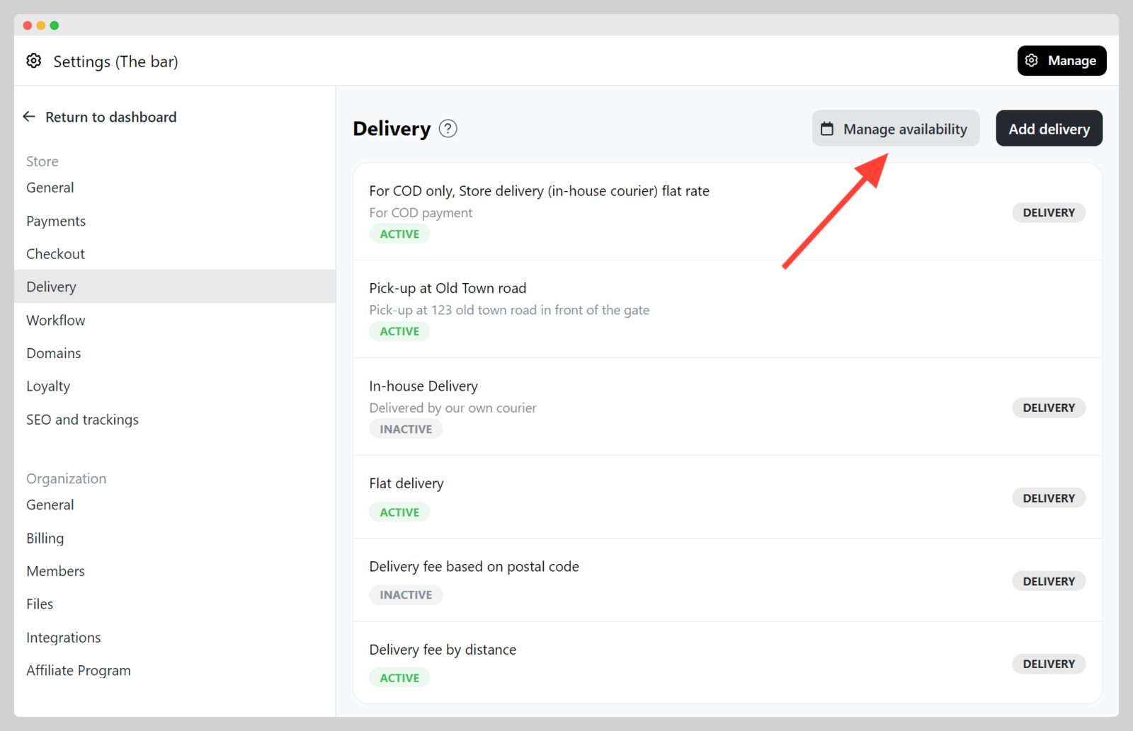 Manage Delivery or Pick-up availability